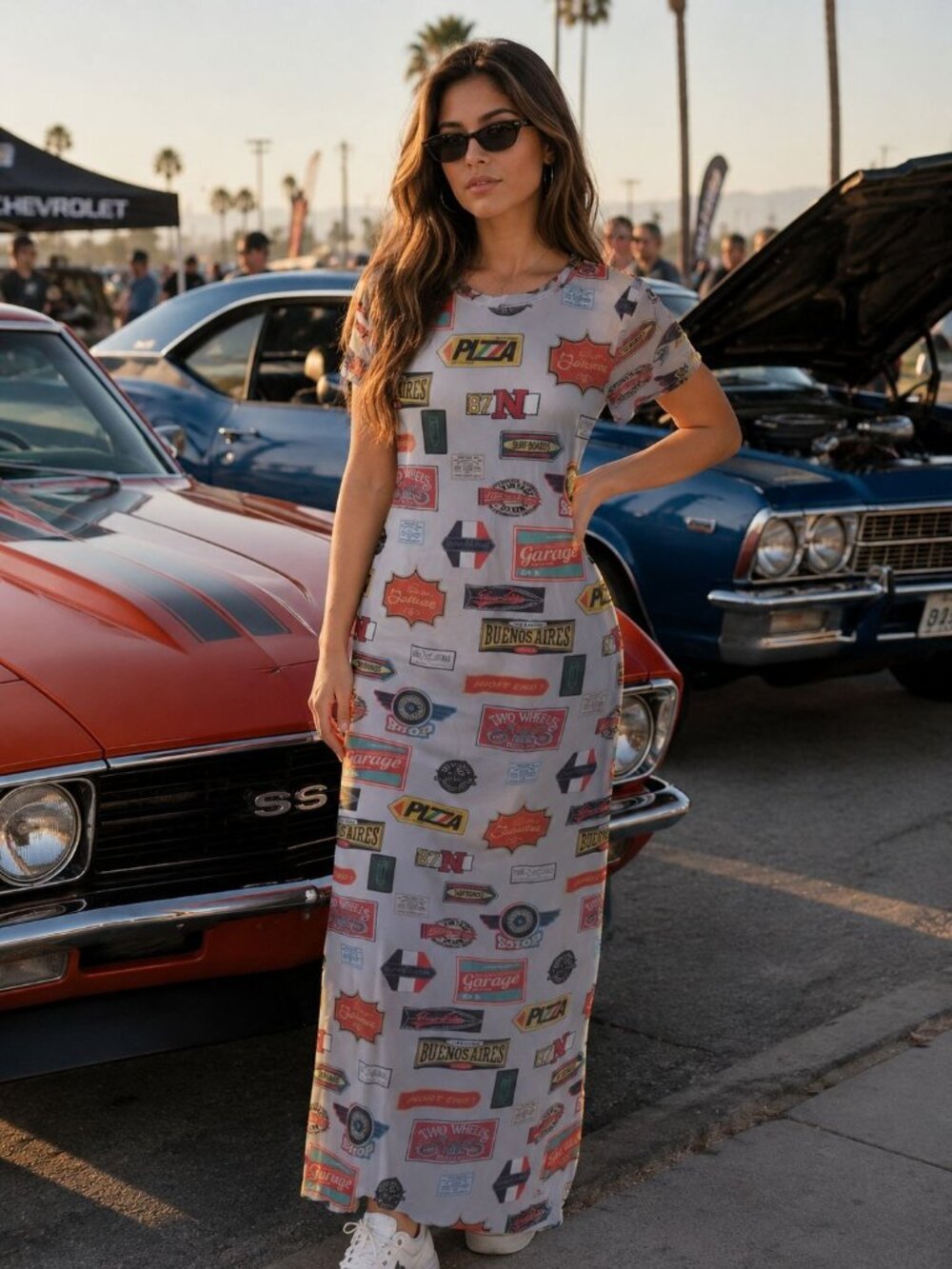 Car Show Muscle Car Novelty Graphic Short Sleeve Lined Maxi Dress Size M Casual